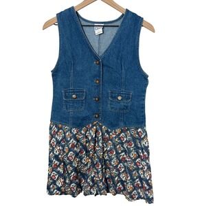 Vintage Denim Floral Dress Vest Retro 90s Y2K Womens Size‎ Large Festival Summer